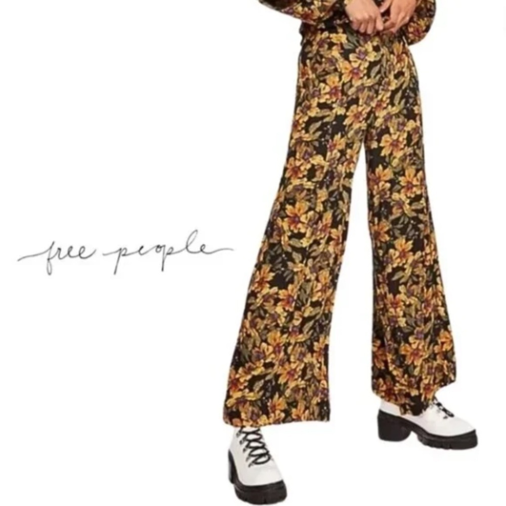 Free People Floral Flowy Crepe Rayon Wide Leg Love Letters Boho Pants - Size 8